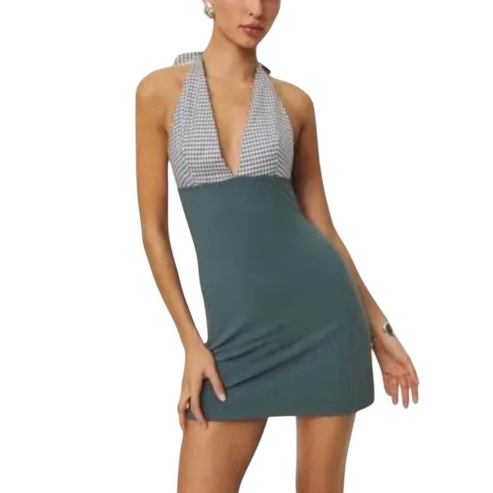 Reformation Halterneck Checked Backless Mini Dress Teal Grey Gingham XL